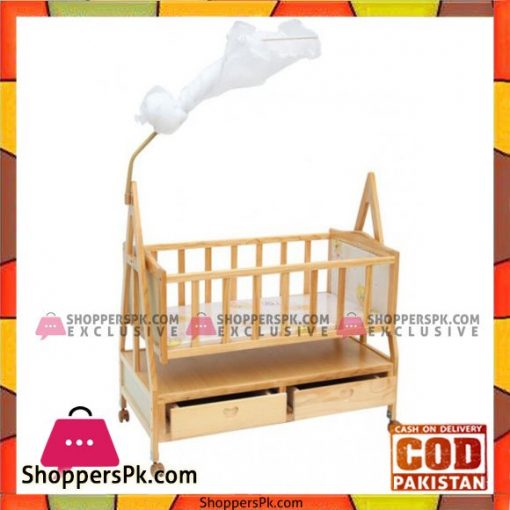 Baby World Wooden Cradle With Mosquito Net And Storage Drawwer