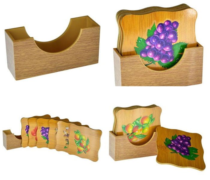 Bamboo Wooden Natural Washable Tea Mates With Stand - 6 Pcs