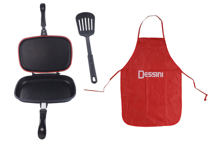Dessini Double Side Grill Pan With Apron And Grilling Spatula