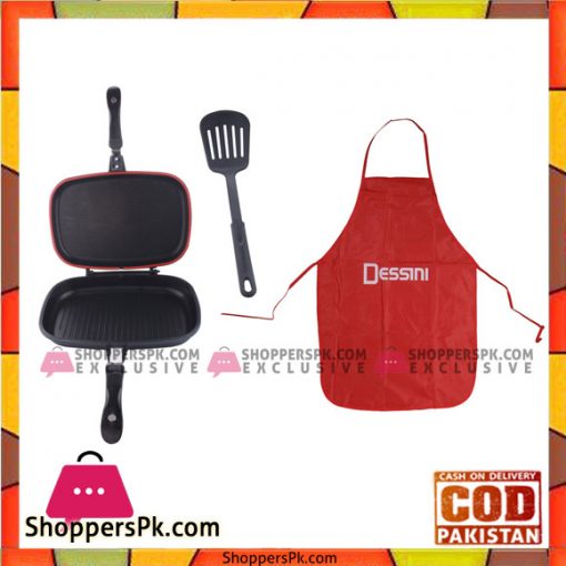 Dessini Double side Grill pan with Apron and Grilling Spatula