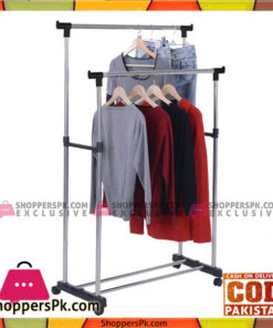 Double Clothing Rod Telescopic Clothes Hanger Rack  - Black