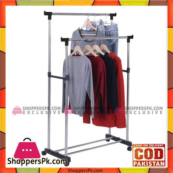 Double Clothing Rod Telescopic Clothes Hanger Rack - Black