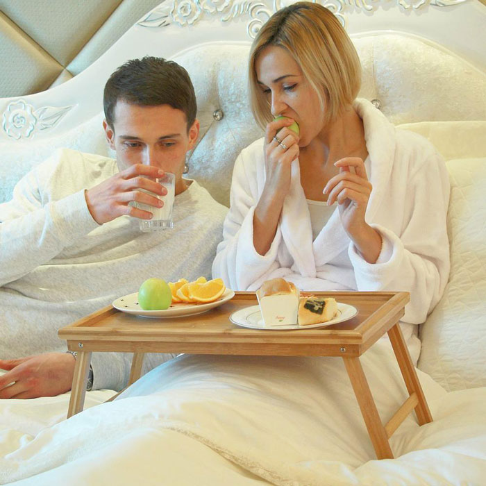 Natural Bamboo Bed Tray Table With Folding Legs Serving Breakfast In Bed Laptop Computer Tray