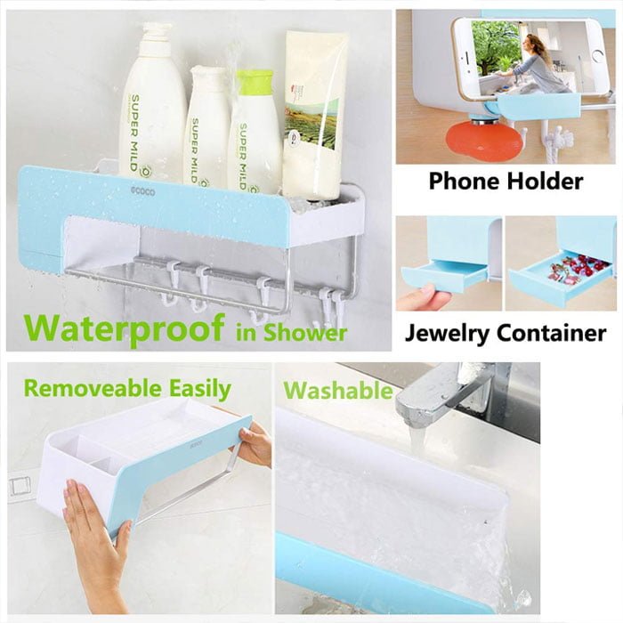 Bathroom Shelf Storage Organizer Shower Caddy Wall Mount Rack With Towel Bar Magnetic Soap Holder And Hanger Hooks