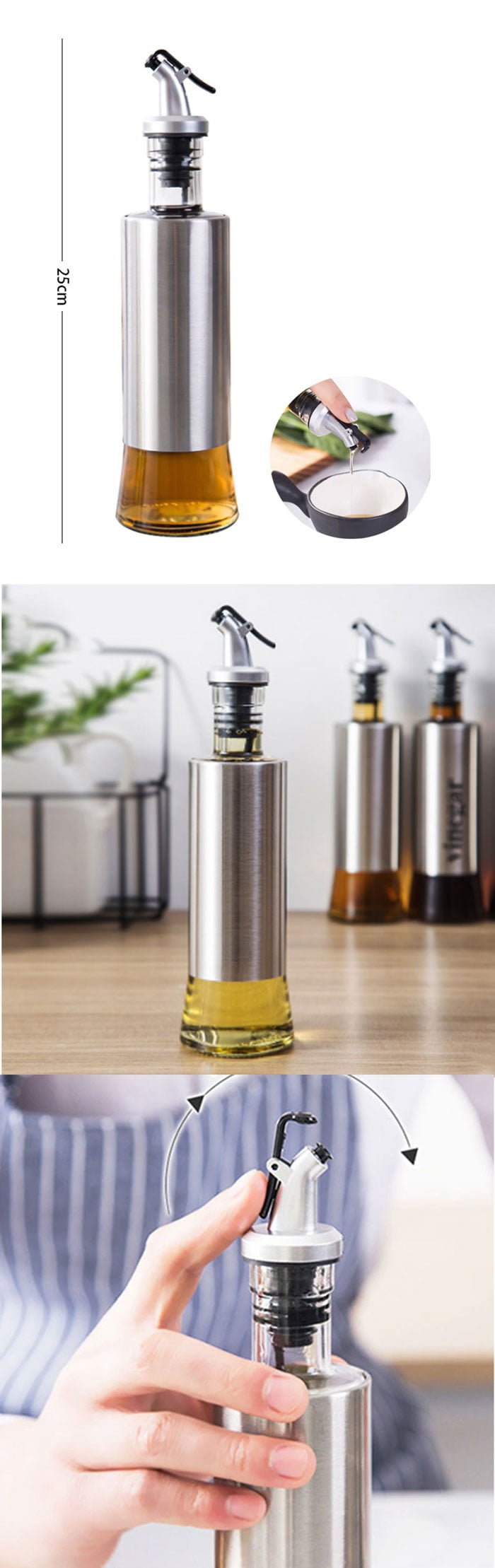 Kitchen Glass Stainless Steel Oil Bottle Leak-Proof 300Ml