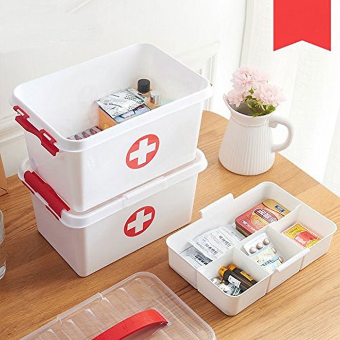 Plastic Portable Double Layer Medical Storage Box First Aid Kit Medicine Box (White)