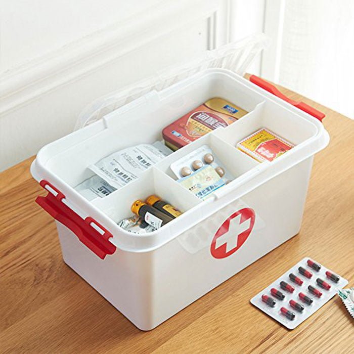 Plastic Portable Double Layer Medical Storage Box First Aid Kit Medicine Box (White)