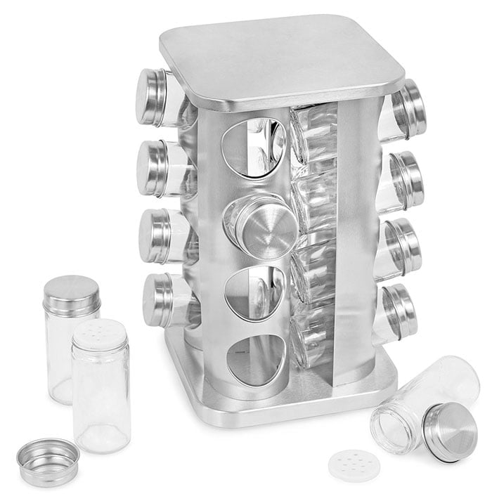 Stainless Steel Rotating Spice Rack with 16 Spice Jars - Square