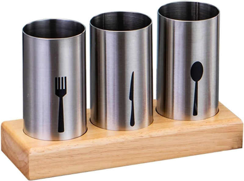 Cutlery Holder With Tray And Bamboo Wood Base For Spoons Knives Forks And Cutlery