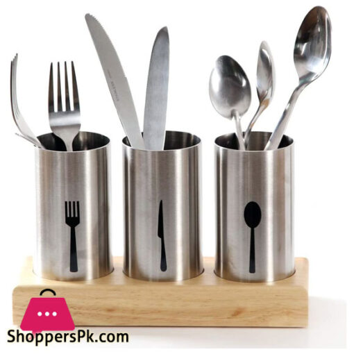 Cutlery Holder with Tray and Bamboo Wood Base for Spoons Knives Forks and Cutlery