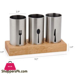 Cutlery Holder With Tray And Bamboo Wood Base For Spoons Knives Forks And Cutlery