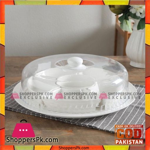 6 Sectioned Ceramic Dry Fruit Server With Acrylic Cover-14"