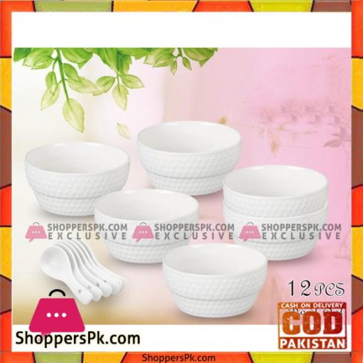 Bowl Set With Spoon - Set of 12 - Ceramic - White Embossed