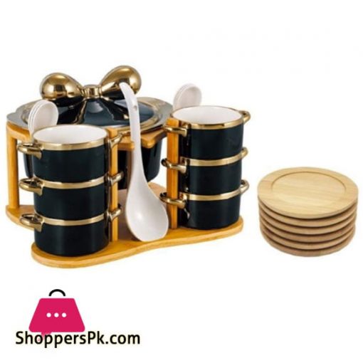 Golden Ribbon Ceramic Soup Set with Bamboo Stand