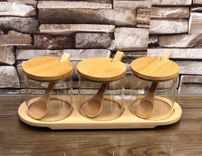 High Quality 3 Pcs Spices Jars With Wooden Spoon And Wooden Tray