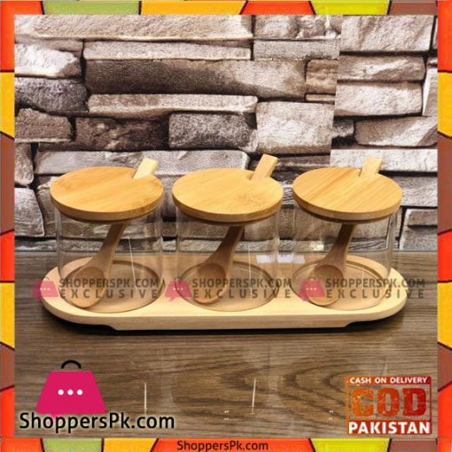 High Quality 3 Pcs Spices Jars With Wooden Spoon and Wooden Tray