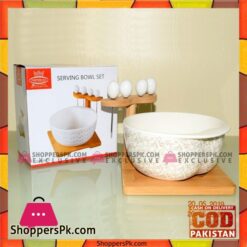 Solecasa Serving Bowl With Wooden Base- Golden Embossed - Ceramic