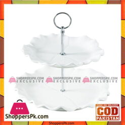 Solecasa 2 Tier Serving dish Set With Metal Stand-White-Ceramic