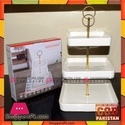 Solecasa 3 Steps Plate Stand - White With Golden Line - Ceramic