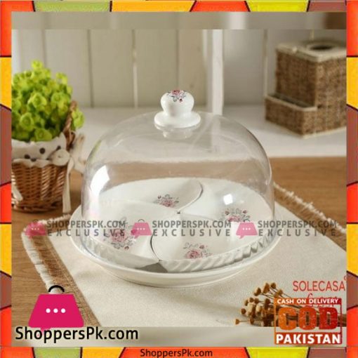 Solecasa 5 Sectioned Ceramic Dry Fruit Server With Acrylic Cover