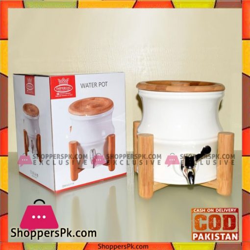 Solecasa Beverage dispenser With Wooden Stand & Lid - Ceramic - White