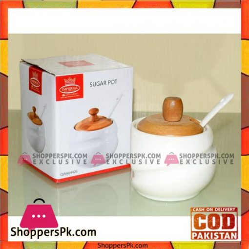 Solecasa Ceramic Sugar Pot - Wooden Lid & Spoon - White