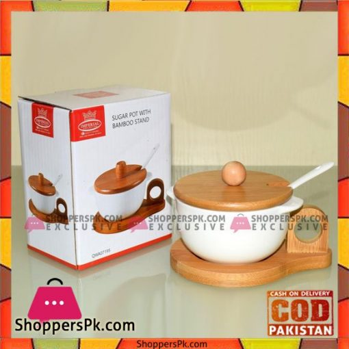 Solecasa Ceramic Sugar Pot - Wooden Lid With Stand & Spoon - White