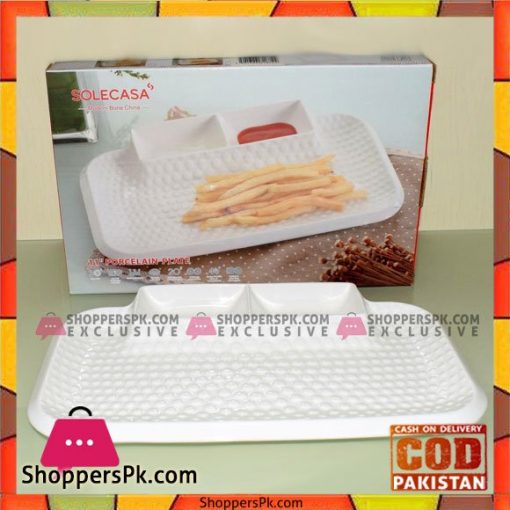 Solecasa Snack N Dip Plate - White Porcelain - 11 Inch - 2 Sauce Partitions