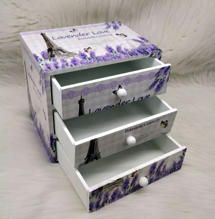 Floral Print Wood Material 3 Drawers Makeup Jewellery Accessories Box