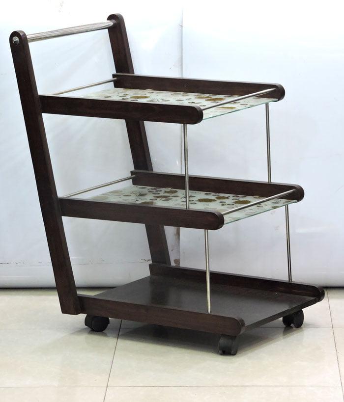 Lamination Lasani Wooden With Printed Glass Tea Serving Trolley