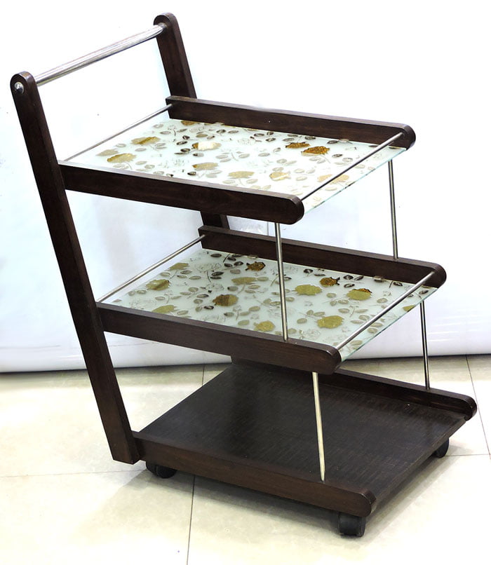 Lamination Lasani Wooden With Printed Glass Tea Serving Trolley