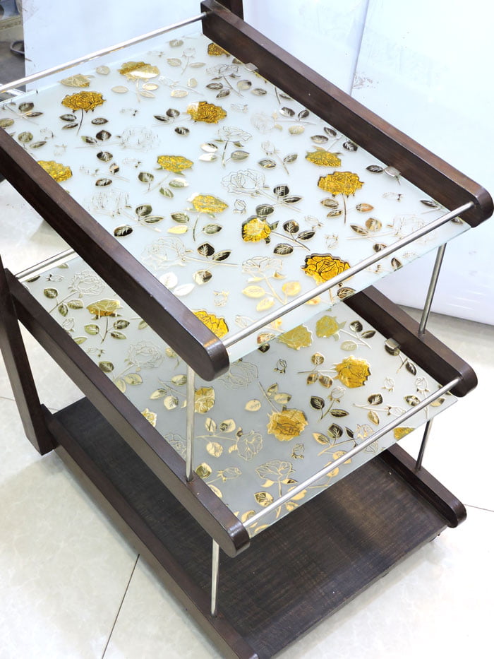 Lamination Lasani Wooden With Printed Glass Tea Serving Trolley