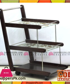 Lamination Lasani Wooden With Printed Glass Tea Serving Trolley