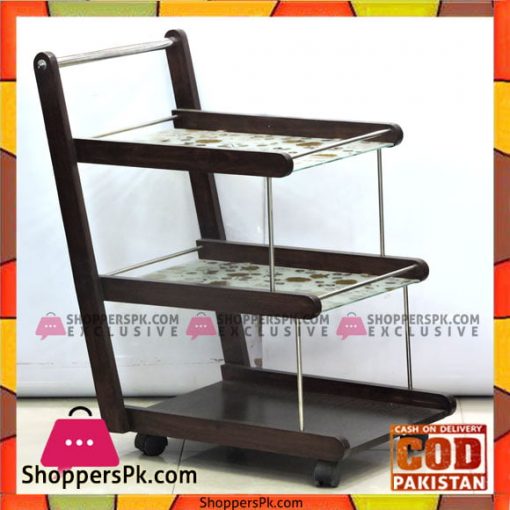 Lamination Lasani Wooden With Printed Glass Tea Serving Trolley
