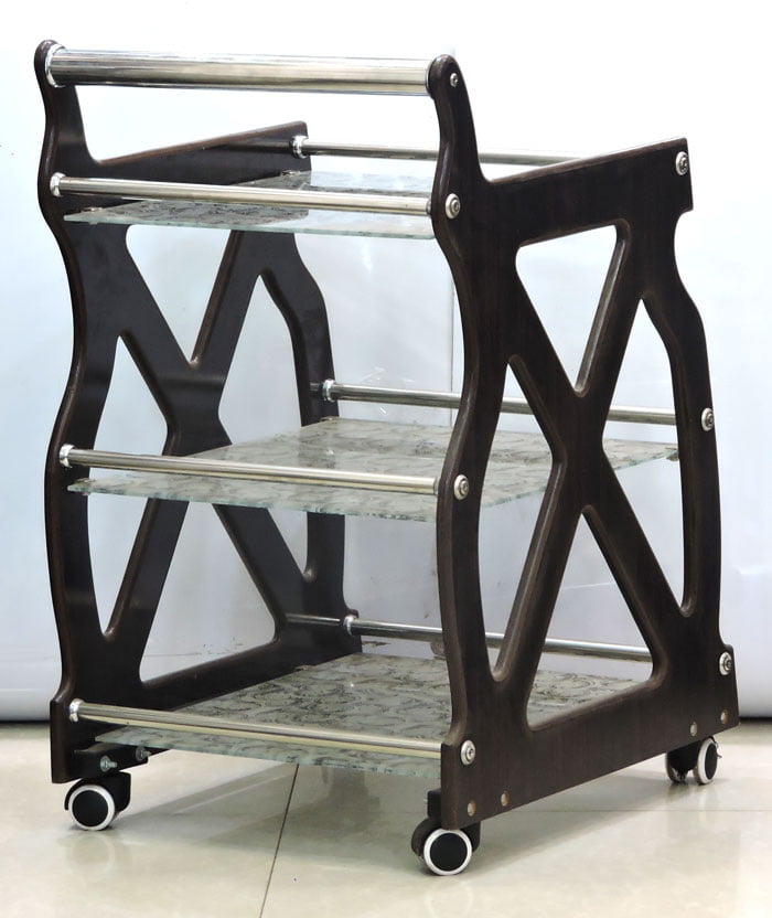 New Luxury Design Lamination Lasani Wooden With Printed Glass Tea Serving Trolley