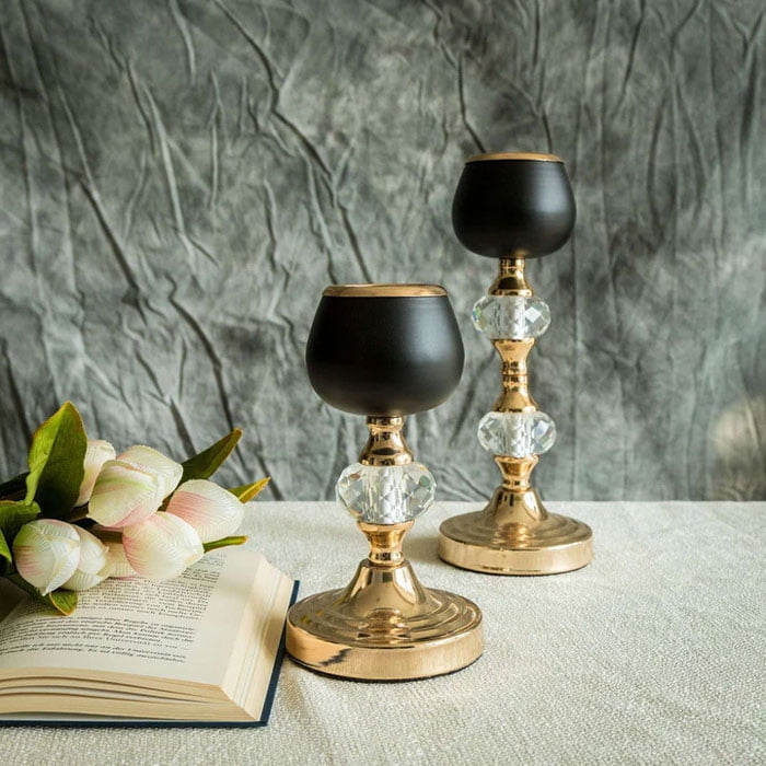 2 Pack Gold/Black Metal With Acrylic Crystal Tealight Votive Candle Holders - 7&Quot;/11&Quot;