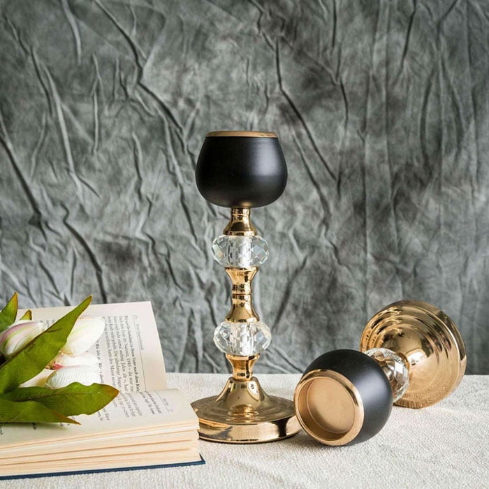 2 Pack Gold/Black Metal With Acrylic Crystal Tealight Votive Candle Holders - 7&Quot;/11&Quot;