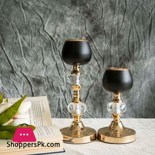 Gold/Black Metal with Acrylic Crystal Tealight Votive Large Candle Holders -11"