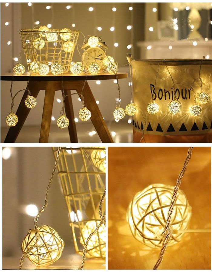20 Balls 12 Ft Rattan Ball Led Lights Battery Powered Indoor Outdoor Decorative Fairy Lights