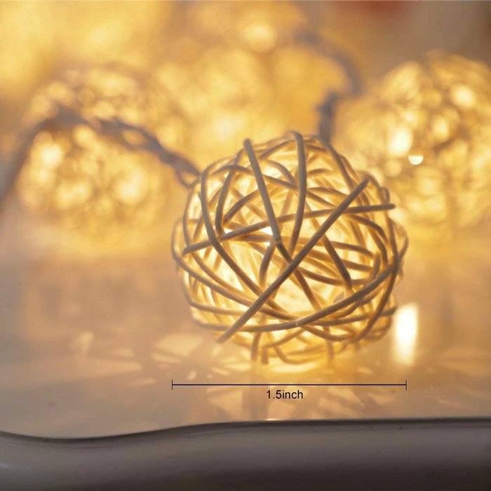 20 Balls 12 Ft Rattan Ball Led Lights Battery Powered Indoor Outdoor Decorative Fairy Lights