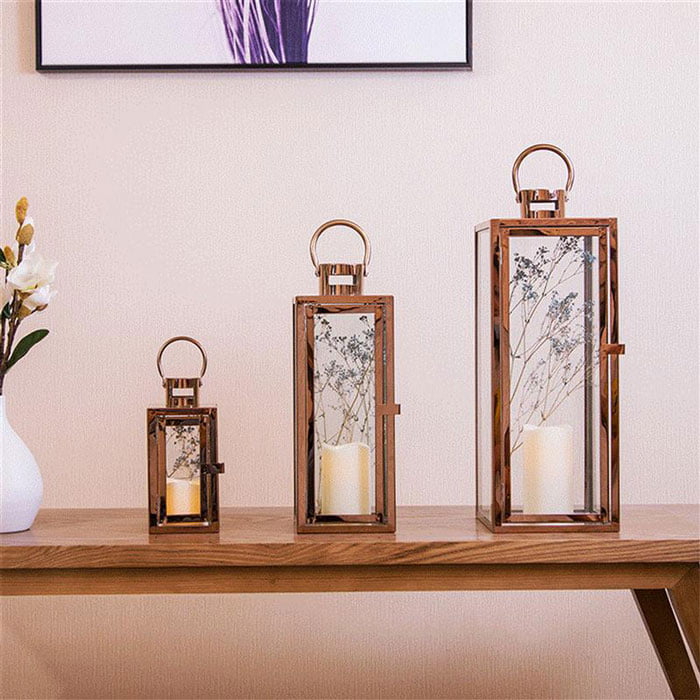 3pcs Flameless Candle Lanterns Stainless Steel Decorative Candle Lantern for Indoor Home Decoration (Rose Gold)