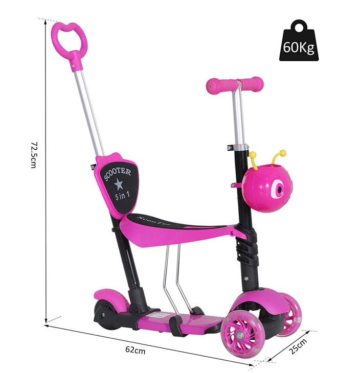 5-in-1 Kids Kick Scooter 3-wheel Walker With Removable Seat Adjustable Height Parent Handle Baby Toddler