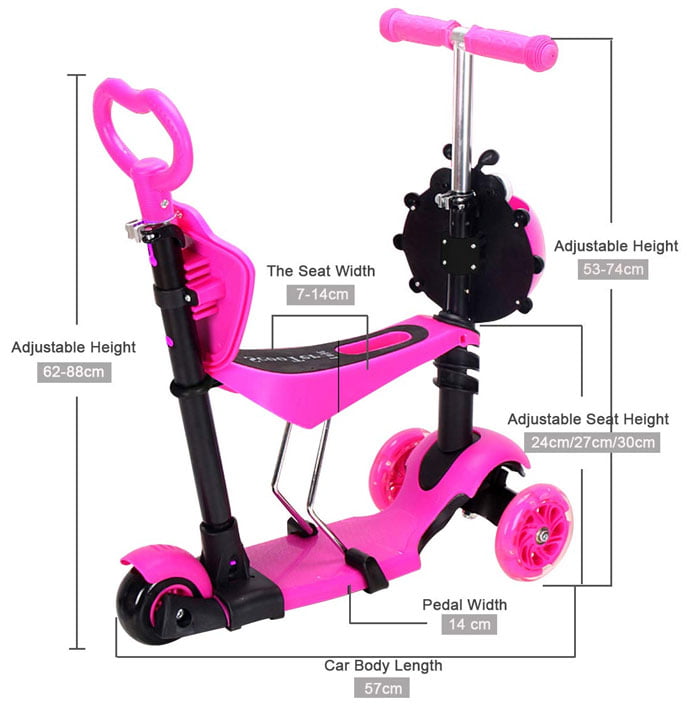 5 In 1 Kids Scooter Adjustable Height 3 Wheels Kick Scooter Led Flashing Light Up Wheels Toddler Scooter With Removable Seat And Back Rest