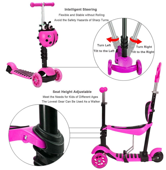 5 In 1 Kids Scooter Adjustable Height 3 Wheels Kick Scooter Led Flashing Light Up Wheels Toddler Scooter With Removable Seat And Back Rest