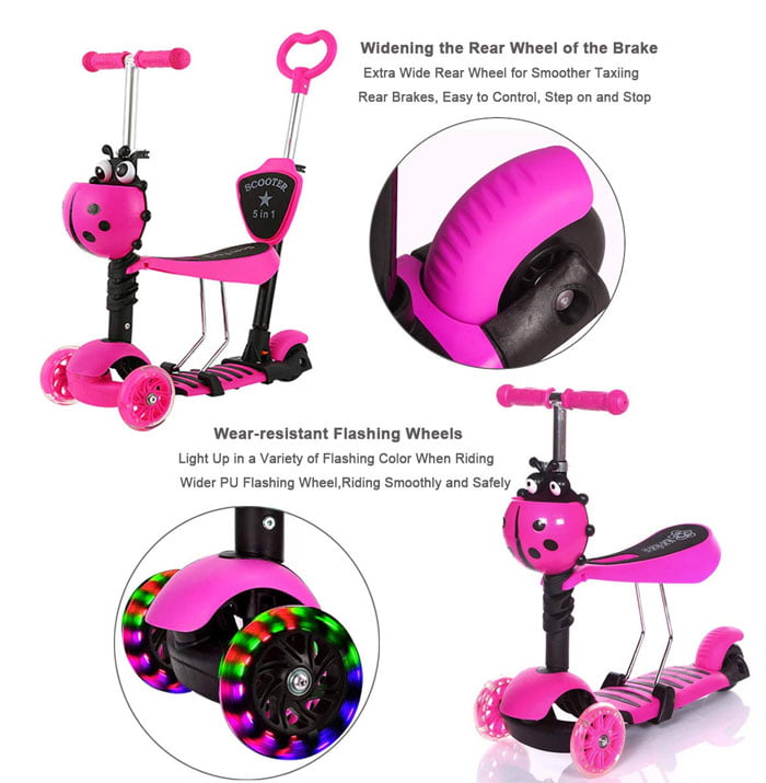 5 In 1 Kids Scooter Adjustable Height 3 Wheels Kick Scooter Led Flashing Light Up Wheels Toddler Scooter With Removable Seat And Back Rest