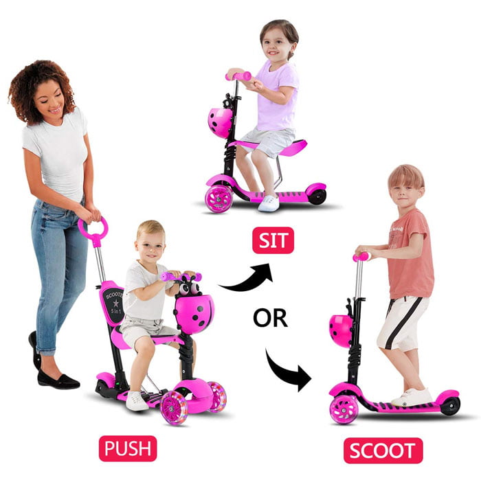 5 In 1 Kids Scooter Adjustable Height 3 Wheels Kick Scooter Led Flashing Light Up Wheels Toddler Scooter With Removable Seat And Back Rest