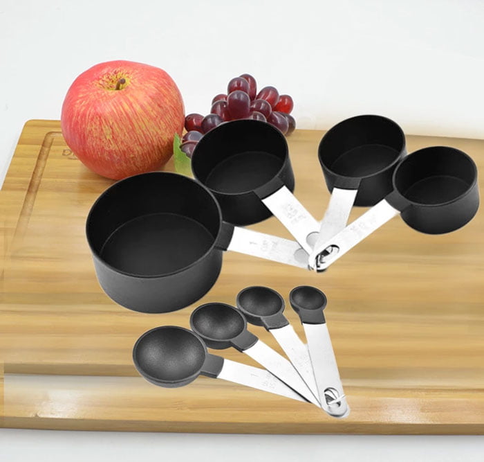 8Pcs Black Stainless Steel Measuring Cups + Spoons Set