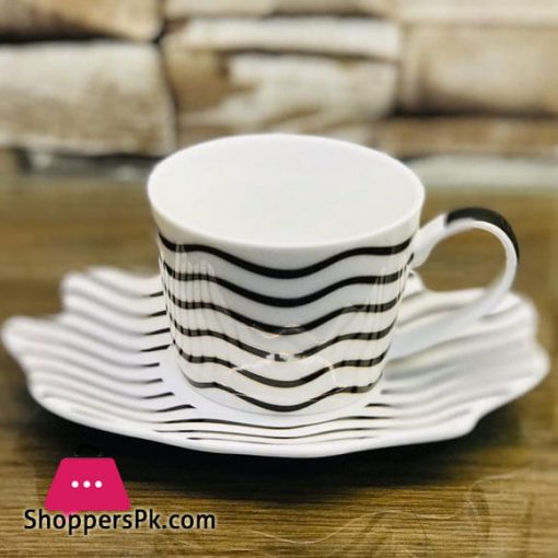 Black and White Striped Ceramic Tea Cup Saucer Coffee Mug Set of 12