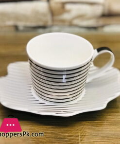 Ceramic Tea Cup Saucer Coffee Mug Gold Fine China Black and White Striped Set of 12