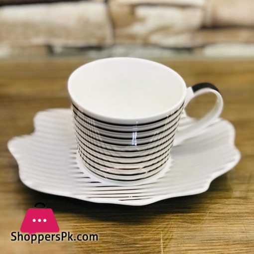 Ceramic Tea Cup Saucer Coffee Mug Gold Fine China Black and White Striped Set of 12